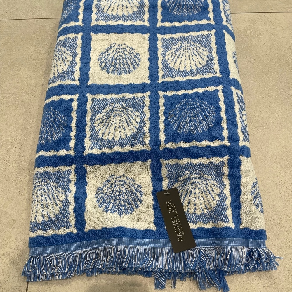 Rachel Zoe Blue and White Seashell Grid Beach Towel with Fringe